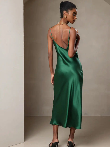 100% Mulberry Silk Spaghetti Strap V Neck Midi Dress