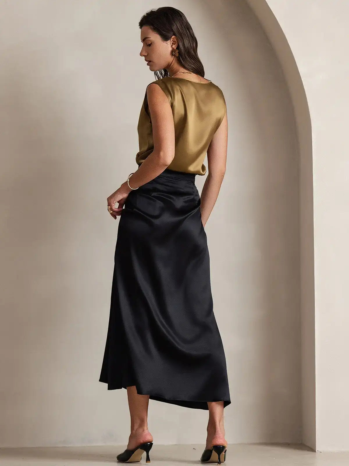 Clearance - 19Momme Silk A Line Maxi Skirt with Zipper Design