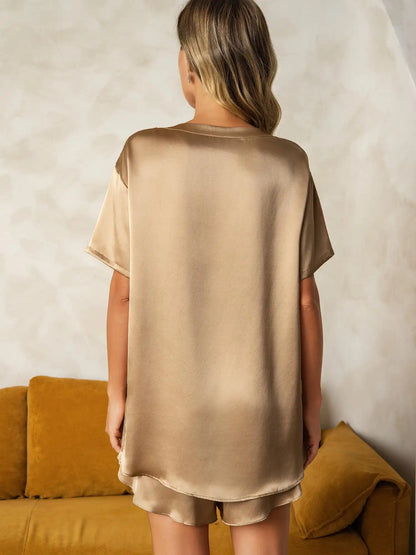 100% Mulberry Silk Short Sleeve Round Neck Women's Pajamas Set