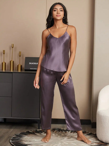 100% Mulberry Silk Spaghetti Strap V Neck Cami & Pants Pajama Set