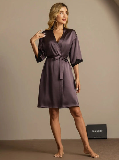 100% Mulberry Silk Basic Women's Robe with Lace Design