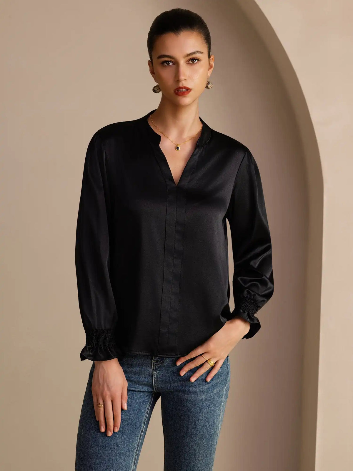19Momme Silk Women’s Split Neck Long Sleeve Blouse