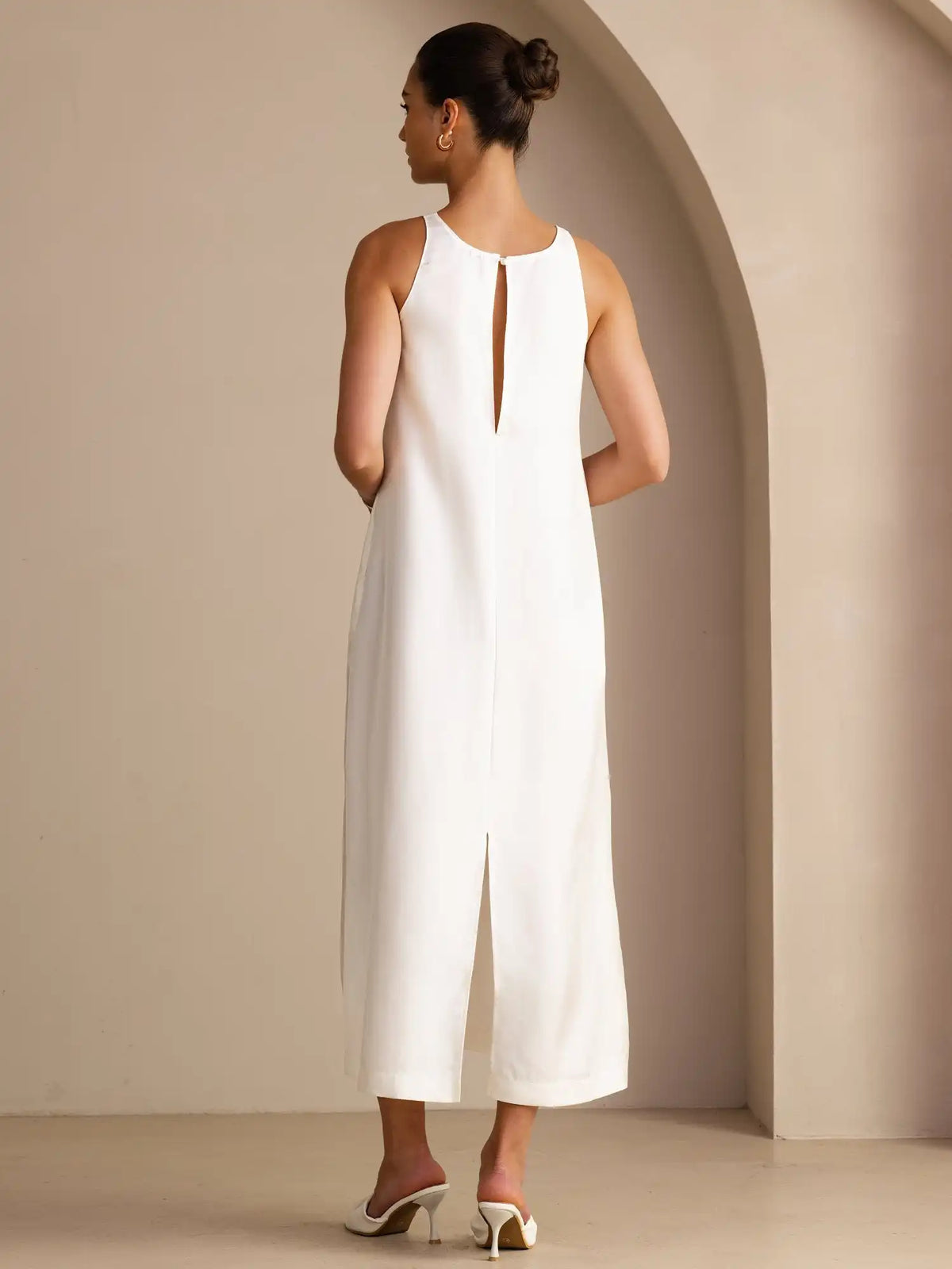 100% Mulberry Silk Crew Neck  Sleeveless Self-Tie Midi Dress