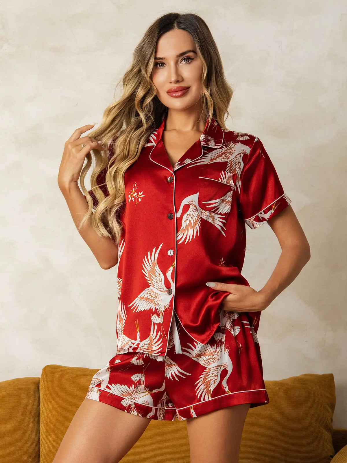 19Momme Women's 100% Mulberry Silk Crane Print Short Sleeve Notch Collar Pajamas Set