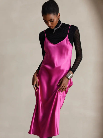 100% Mulberry Silk Spaghetti Strap V Neck Midi Dress