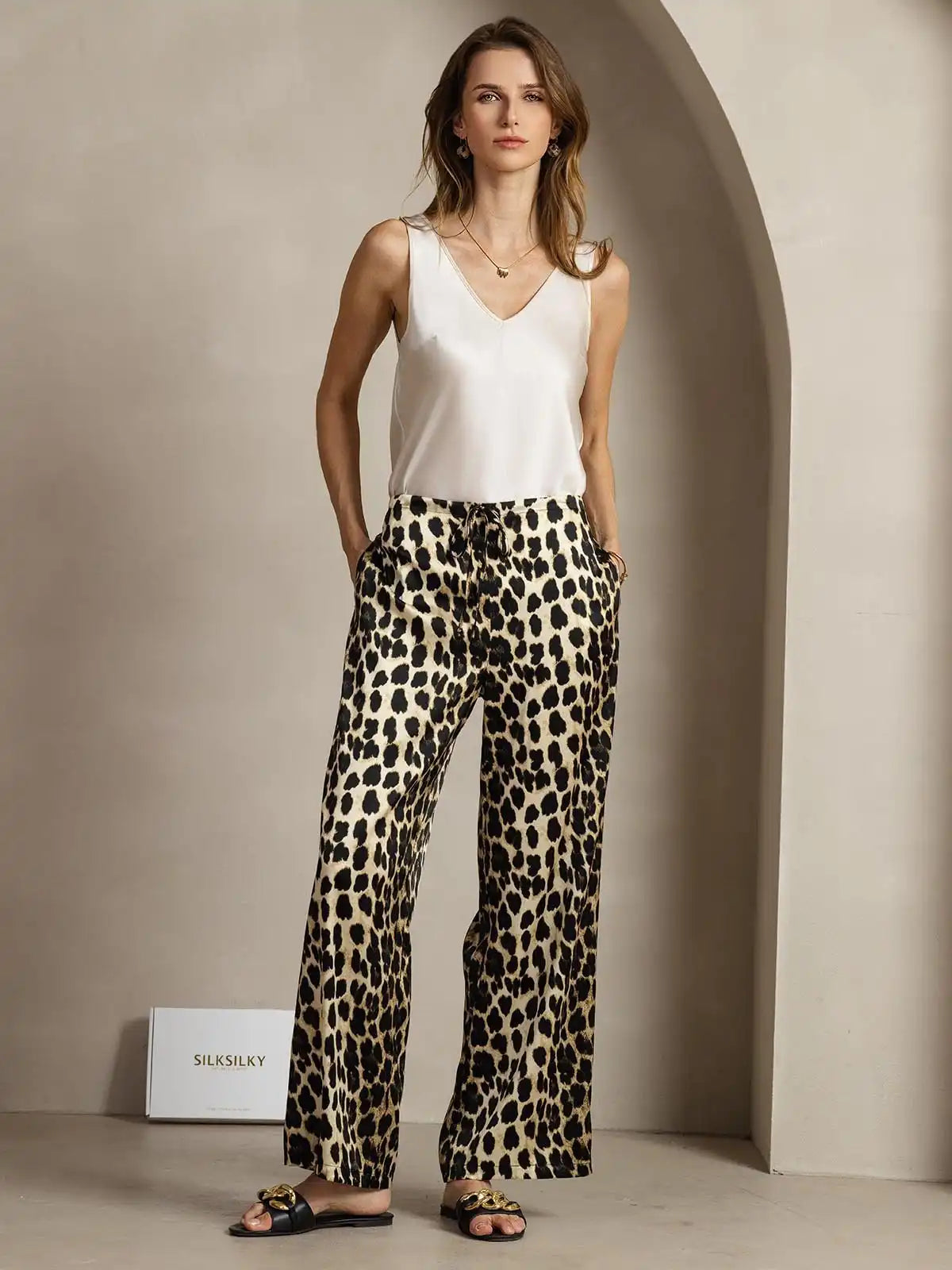 19Momme Silk Leopard Print Wide Leg Women's Pants With Side Pockets Design