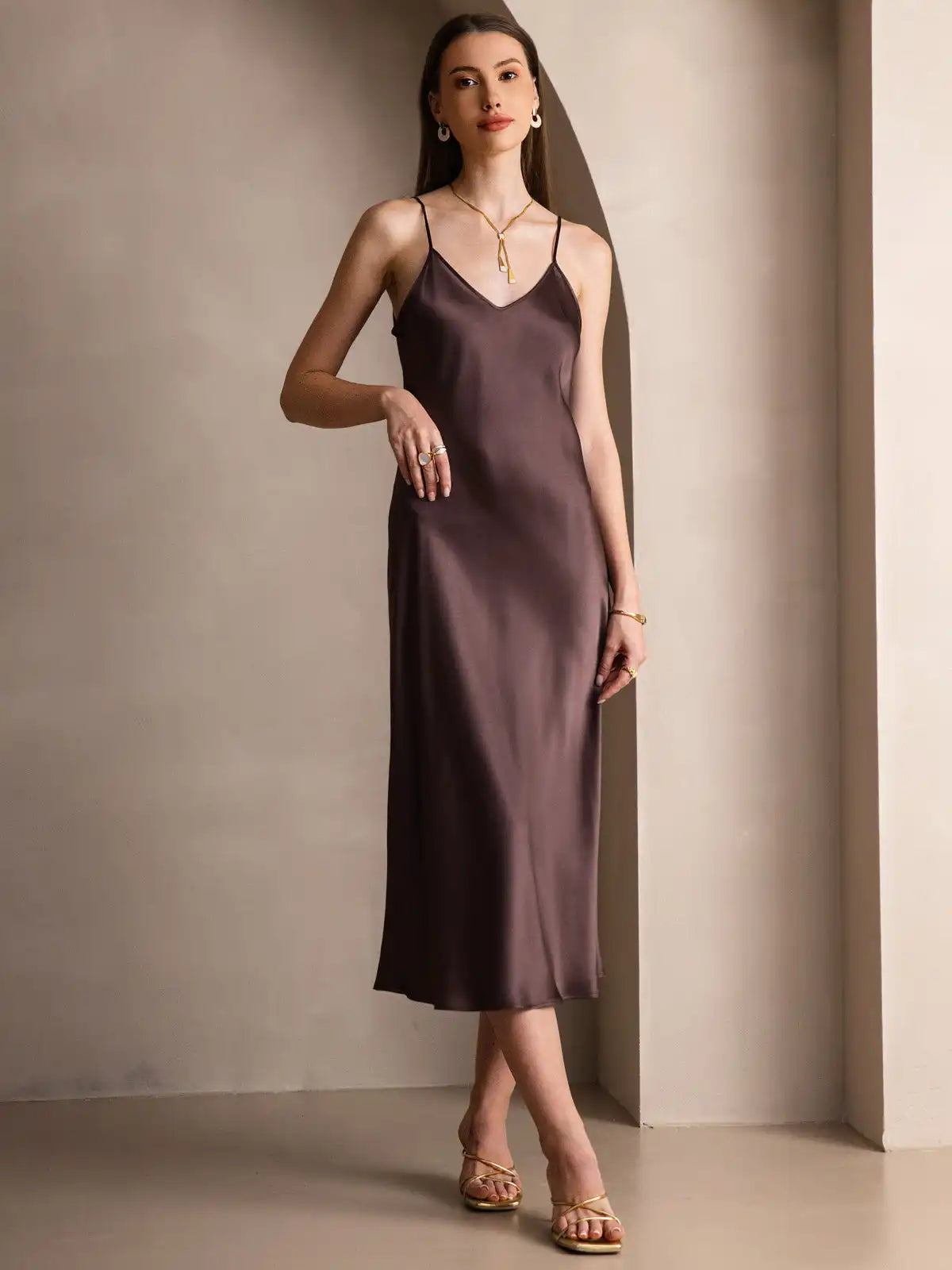 100% Mulberry Silk Spaghetti Strap V Neck Midi Dress