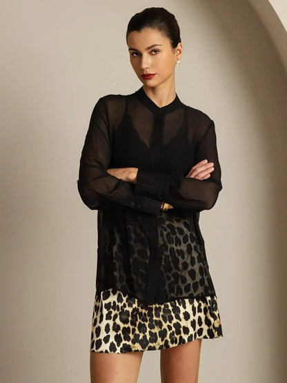 100% Mulberry Silk Long Sleeve Split Sheer Blouse