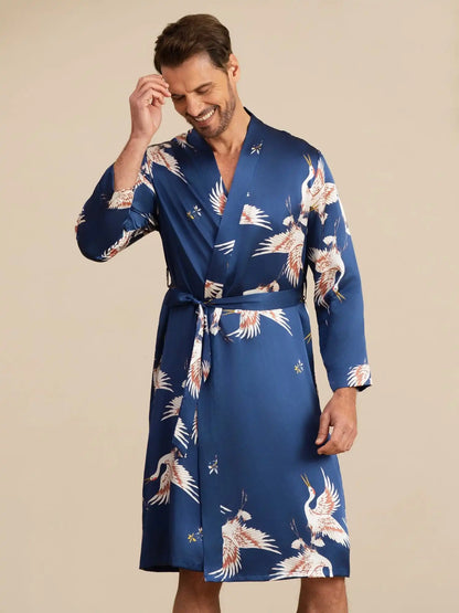 19Momme Pure Silk Men’s Knee Length Crane Printed Robe With Belted Design