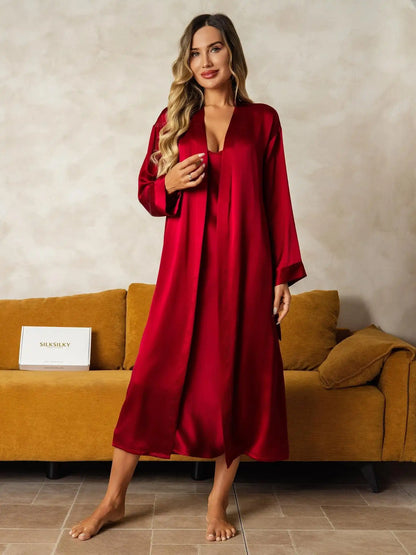 100% Mulberry Silk V-Neck Midi Nightgown & Robe Set 2Pcs