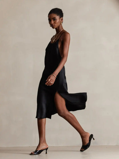 Elegant 100% Mulberry Silk Cross Backless Midi Dress with Side Slit