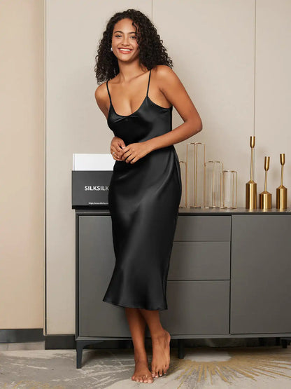 Women's 100% Mulberry Silk Spaghetti Strap V-neck Midi Nightgown
