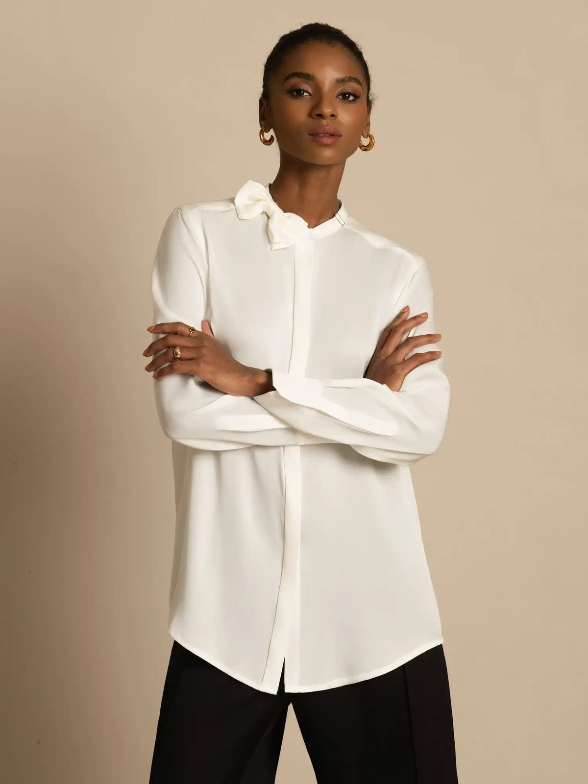 Clearance - 19Momme Silk Women's Long Sleeve Stand Collar Bow Blouse