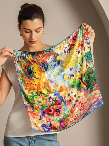 100% Mulberry Silk Oil Painting Square Scarf - Size 53x53cm