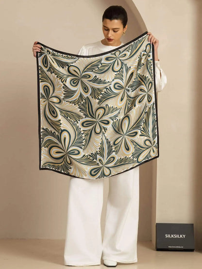 100% Mulberry Silk Abstract Floral Pattern  Square Scarf - Size 90x90cm
