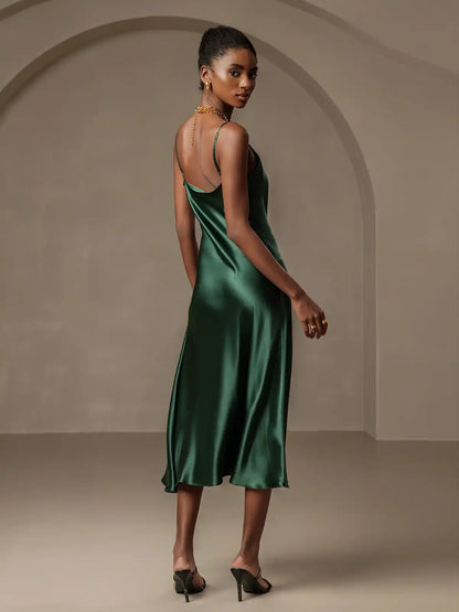 100% Mulberry Silk Spaghetti Strap Cowl Neck Bias Midi Dress with Split Design