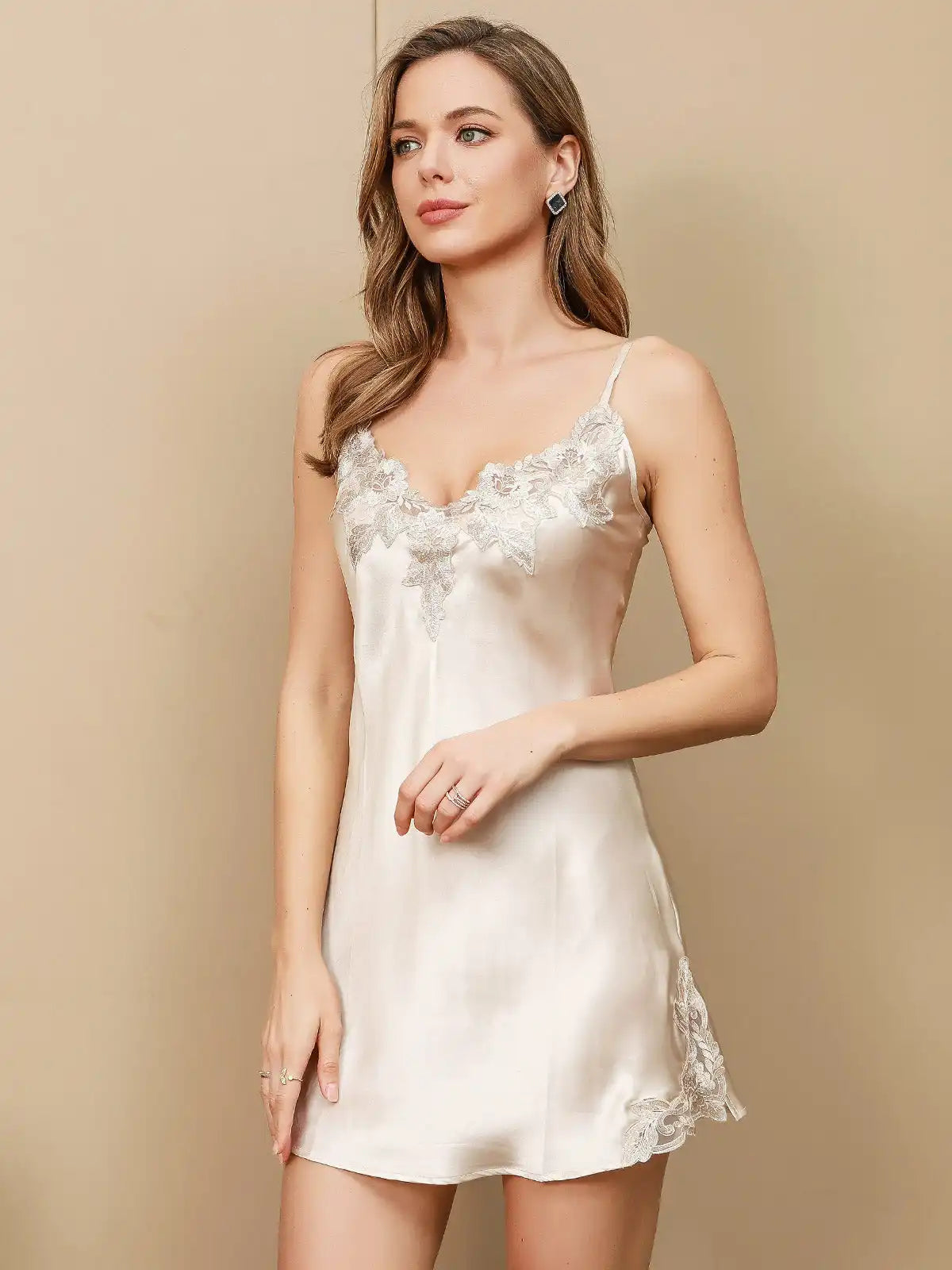 100% Mulberry Silk Spaghetti Strap Mini Nightgown with Lace Design