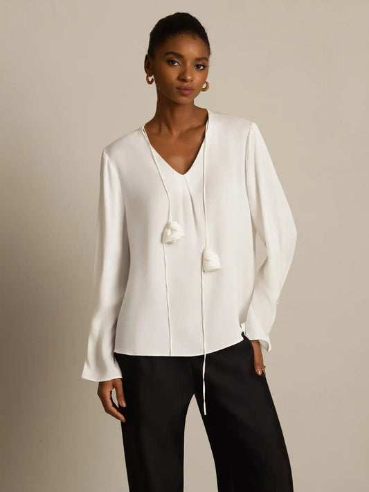 19Momme Silk Women's V Neck Long Sleeve Blouse With 3D Rose Detail