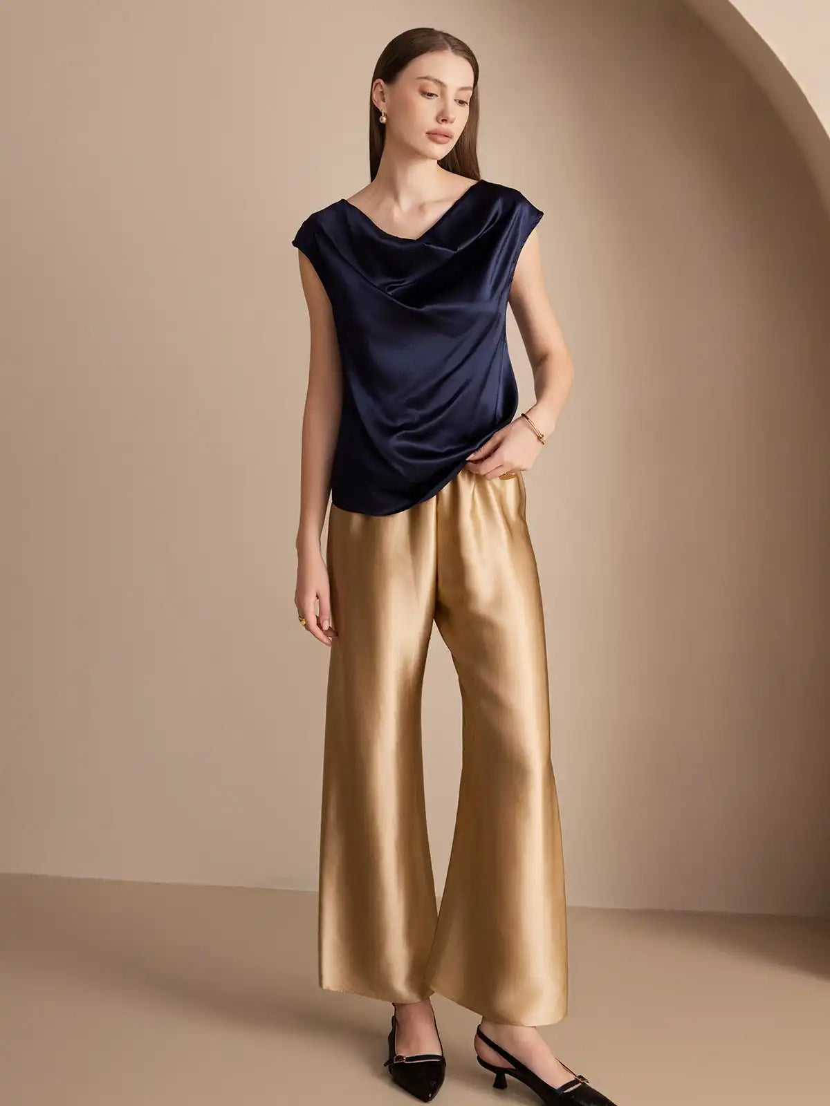 19Momme Silk Cap Sleeve Cowl Neck Women's Top