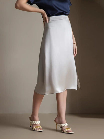 Clearance - 19Momme Silk A Line Long Slit Skirt with Zipper Design
