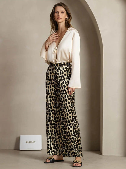 Clearance - 19Momme Silk Leopard Print Straight Leg Women's Pants With Side Pockets Design