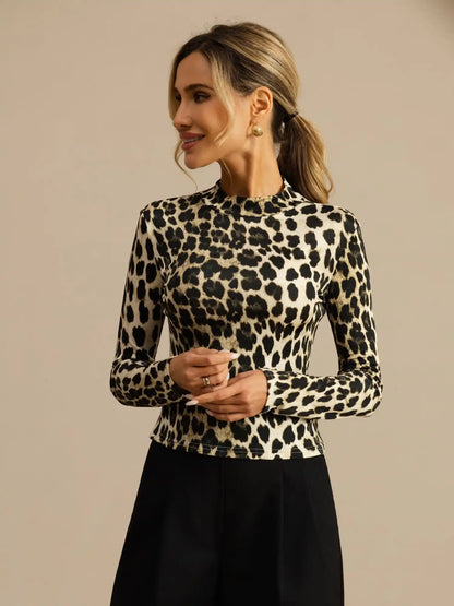 100% Mulberry Silk Wild Animal Print Women's Long Sleeve Mock Neck Top