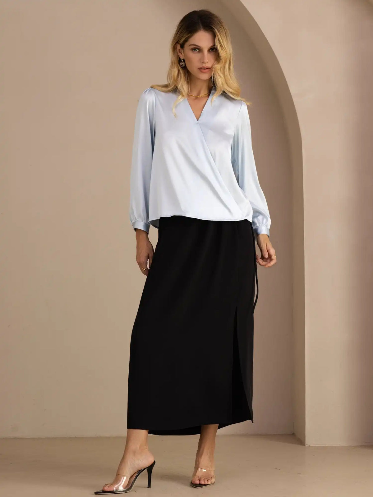 19Momme Silk Women’s Wrap Neck Long Sleeve Blouse