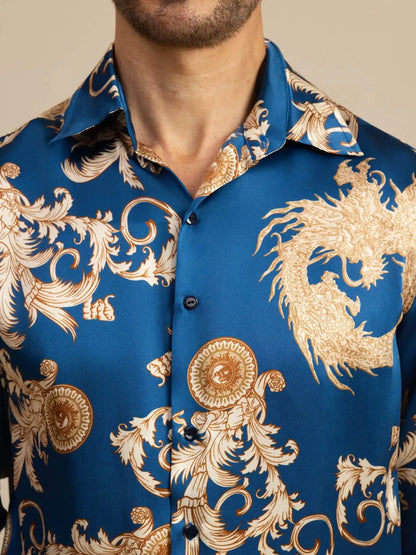 Pure Silk Men's Long Sleeve Lapel Collar Dragon Print Shirt