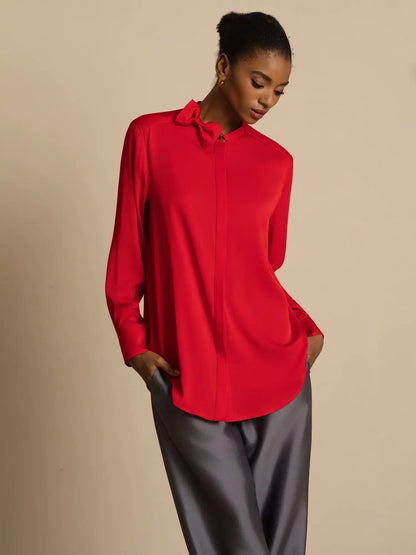 Clearance - 19Momme Silk Women's Long Sleeve Stand Collar Bow Blouse