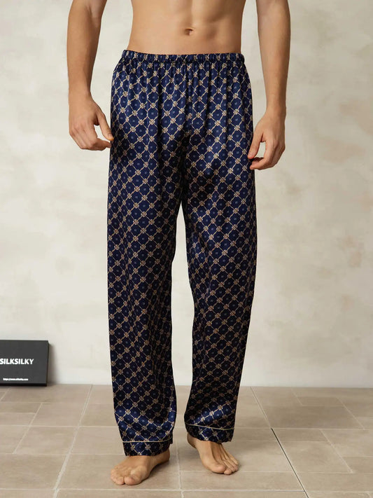 Men's 100% Mulberry Silk Chain Print Sleep Pants with Elastic Waist