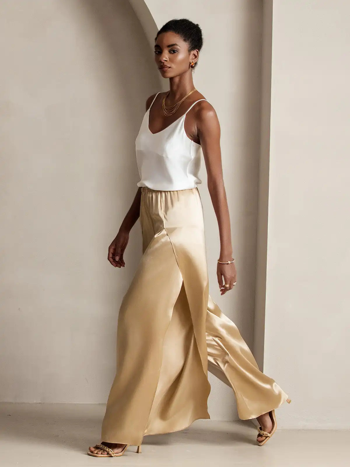 19Momme Silk Fashionable Flowy High-Slit Palazzo Pants