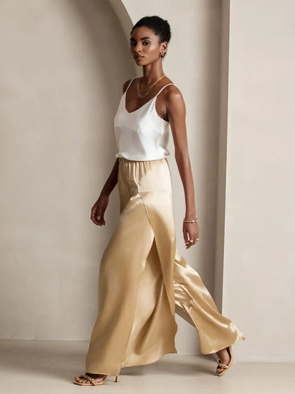 19Momme Silk Fashionable Flowy High-Slit Palazzo Pants