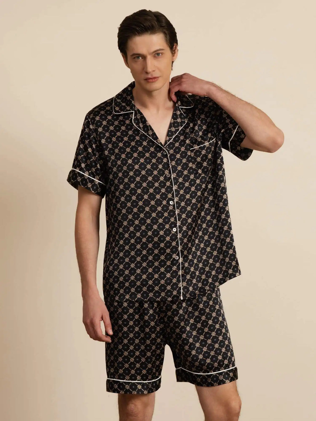 Clearance - 100% Mulberry Silk Short Sleeve Notch Collar Men's Chain Print Pajamas Set with Shorts