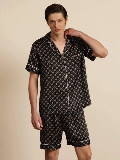 Clearance - 100% Mulberry Silk Short Sleeve Notch Collar Men's Chain Print Pajamas Set with Shorts