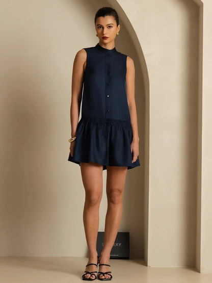 Clearance - Pure Silk Sleeveless Short Dress With Adjustable Drawstring Drop Waist