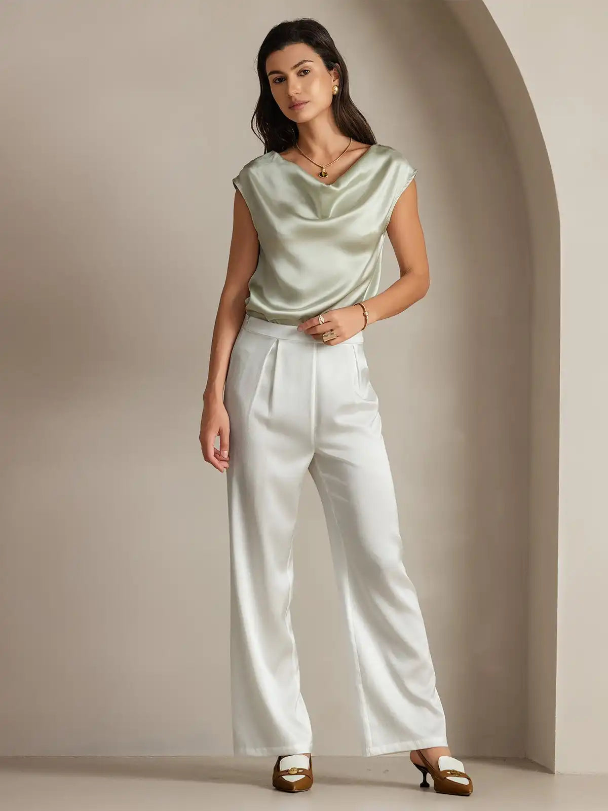 19Momme Silk Cap Sleeve Cowl Neck Women's Top