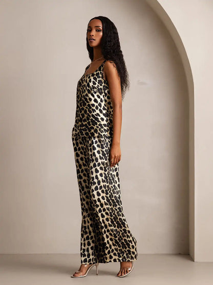 Women's 100% Mulberry Silk Leopard Print Square Neck Tank Top & Wide Leg Pants Set