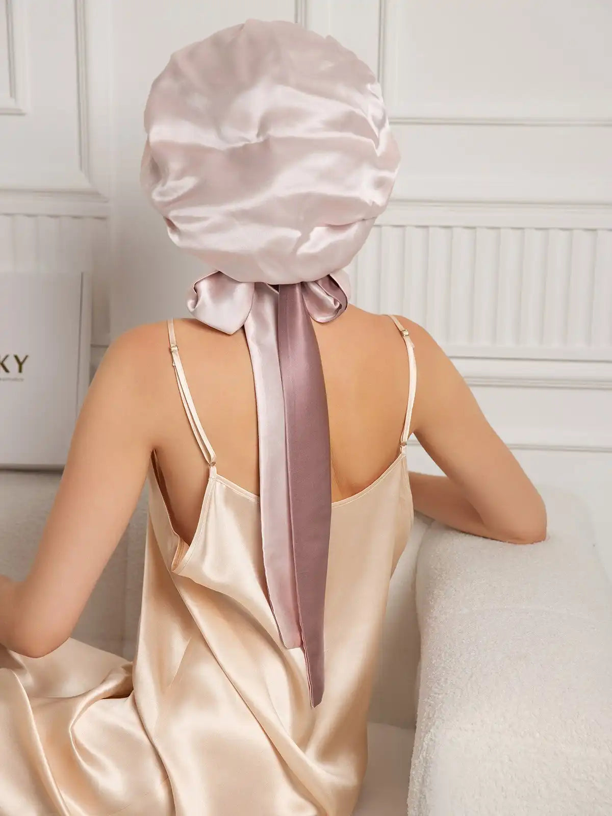 100% Mulberry Silk  Casual Bonnet with Long Ribbons (Two-tone and Double-sided)