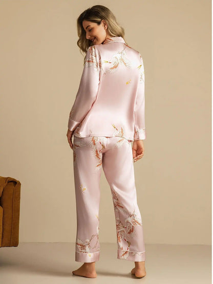 19Momme 100% Mulberry Silk Crane Print Women's Long Sleeve Notch Collar Pajamas Set