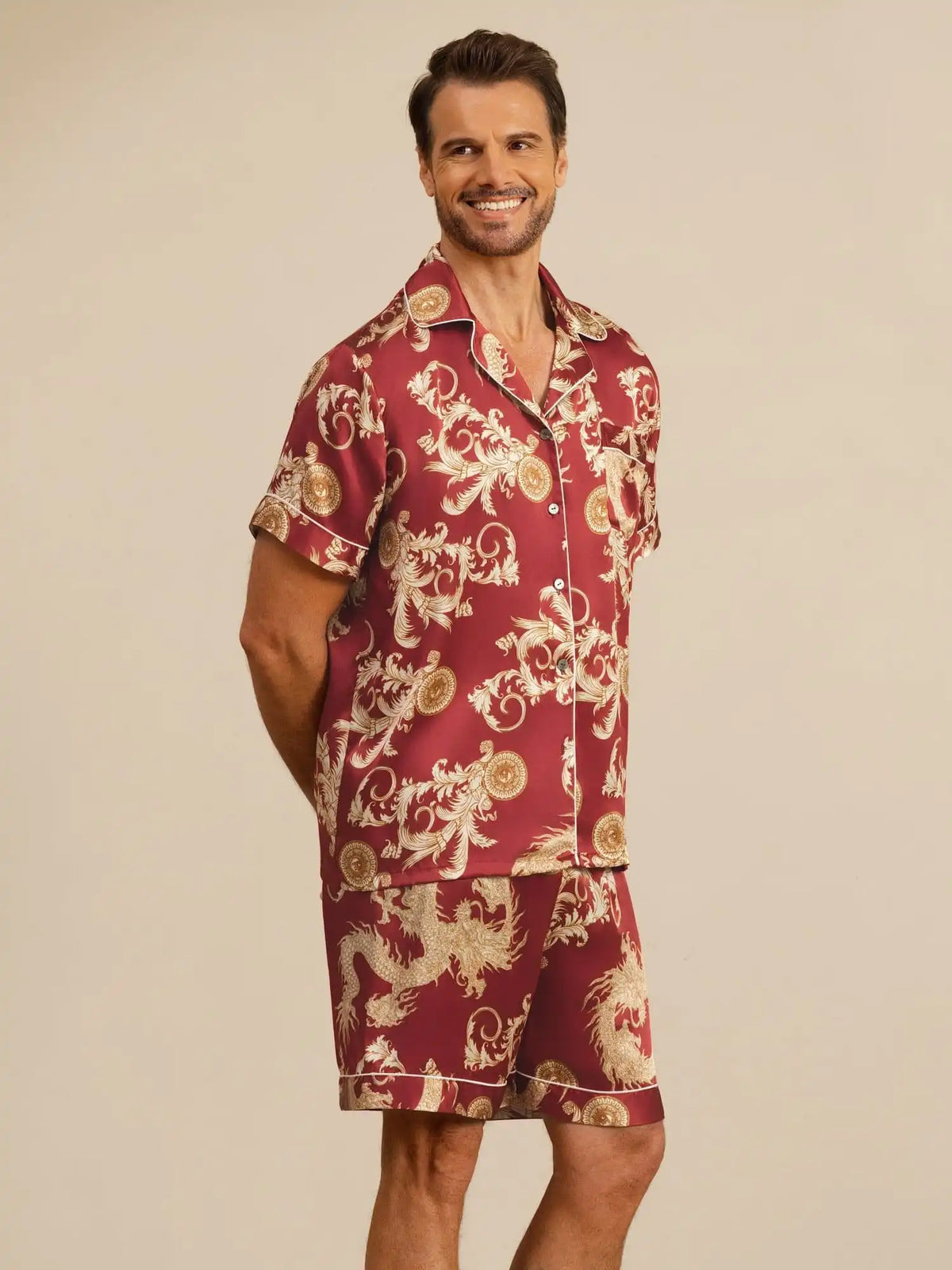 100% Mulberry Silk Men's Dragon Print  Short Sleeve Lapel Collar Pajamas Set