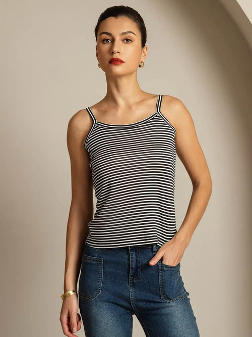 100% Mulberry Silk Spaghetti Strap Square Neck Stripe Camisole Top