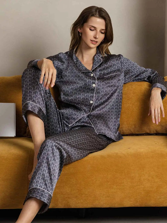 Clearance - Women's 100% Mulberry Silk Ginkgo Print Long Sleeve Lapel Collar Pajamas Set