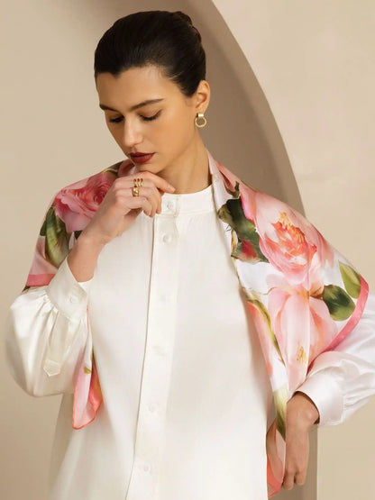 100% Mulberry Silk Pink Floral Print Square Scarf - Size 90x90cm