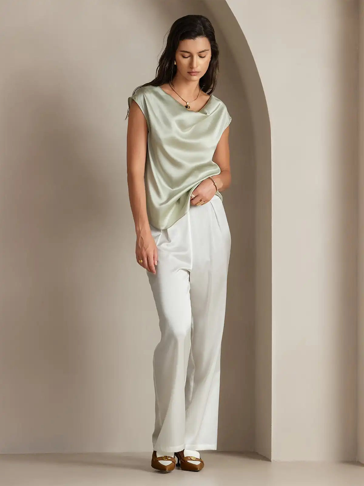 19Momme Silk Cap Sleeve Cowl Neck Women's Top