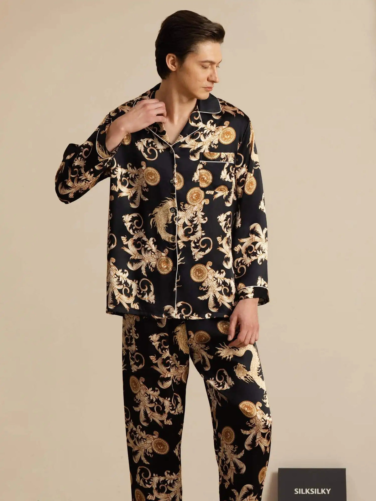 100% Mulberry Silk Men's Dragon Print  Long Sleeve Notch Collar Pajamas Set