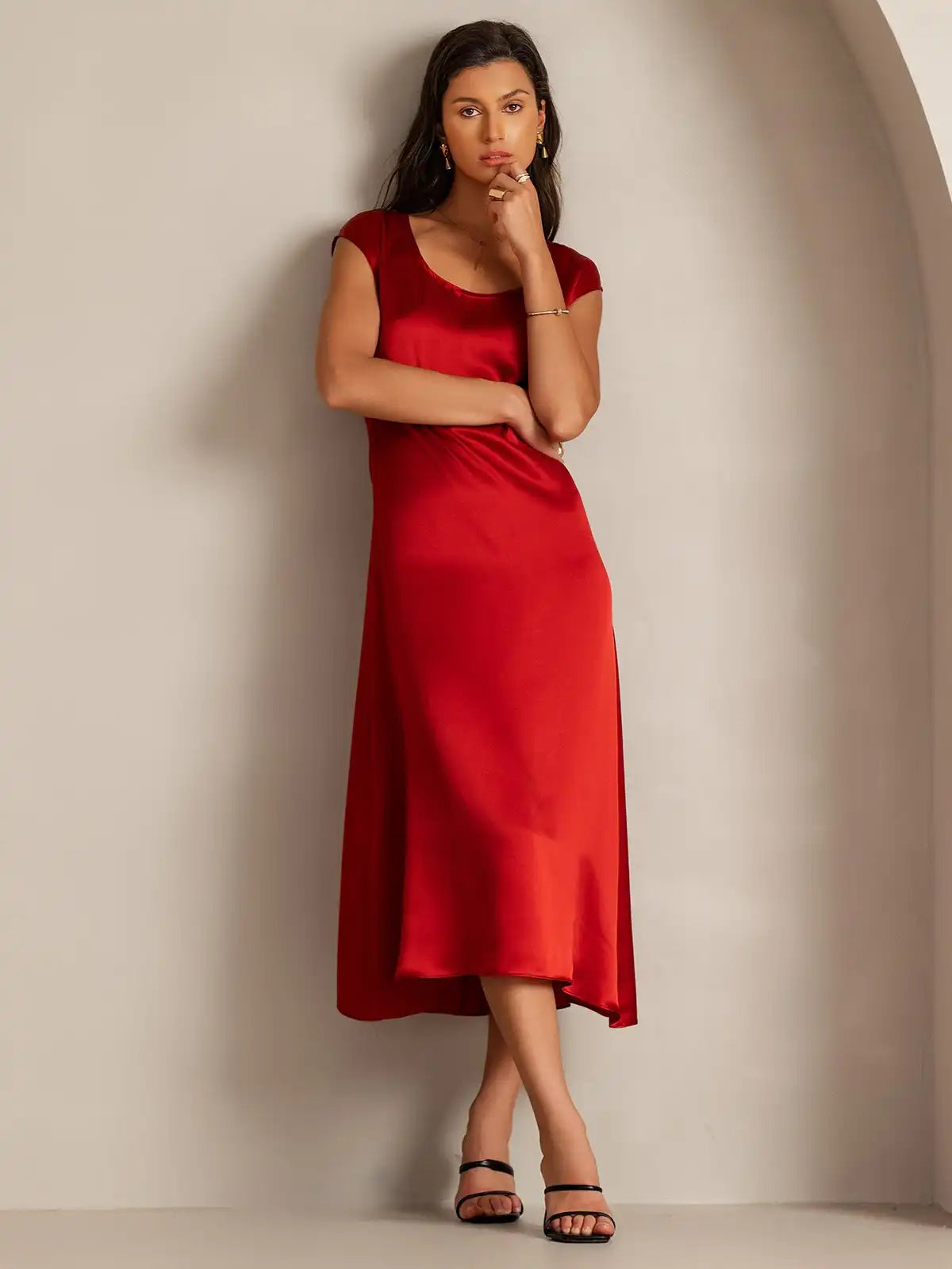 19Momme Silk Cap Sleeve Round Neck Midi Dress