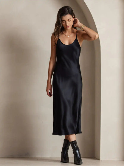 100% Mulberry Silk Spaghetti Strap Midi Long Dress