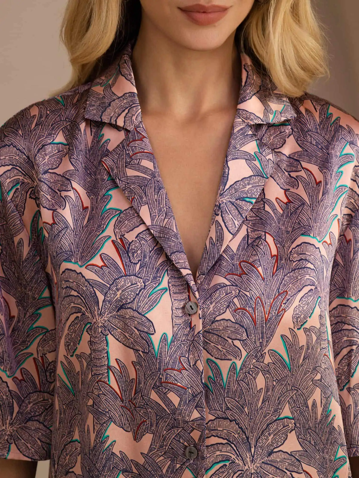 100% Mulberry Silk Women's Palm Tree Print Short Sleeve Button Up Pajamas Set