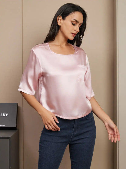 100% Mulberry Silk Women's Blouse Short Sleeve Boxy Crop Top