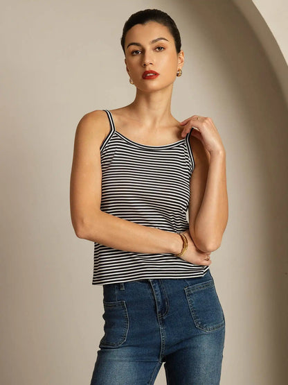 100% Mulberry Silk Spaghetti Strap Square Neck Stripe Camisole Top